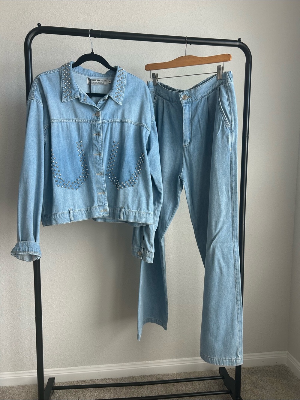 Studded Light Blue Denim Jacket and Jeans Set